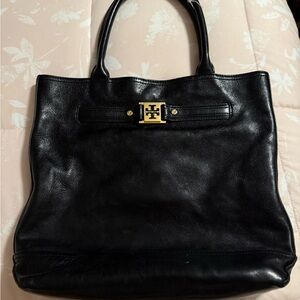 Tory Burch Black Leather Tote with Gold Accent